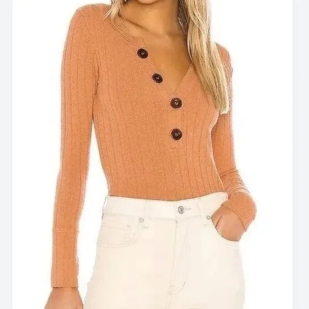 Free People We The Free Tan Oliver Ribbed Henley Top Size Medium